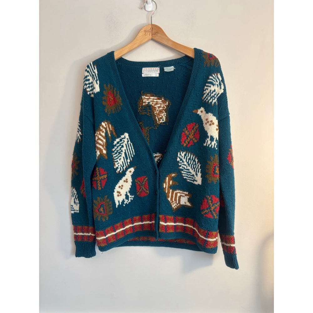Segrets Sun Prints Cardigan Teal Bird Leaf Knit Medium Hong Kong